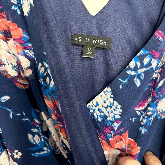 As U Wish Romper Womens S Floral Navy Blue Flutter 1/2 Sleeve V Neck Low Back - Picture 7 of 8